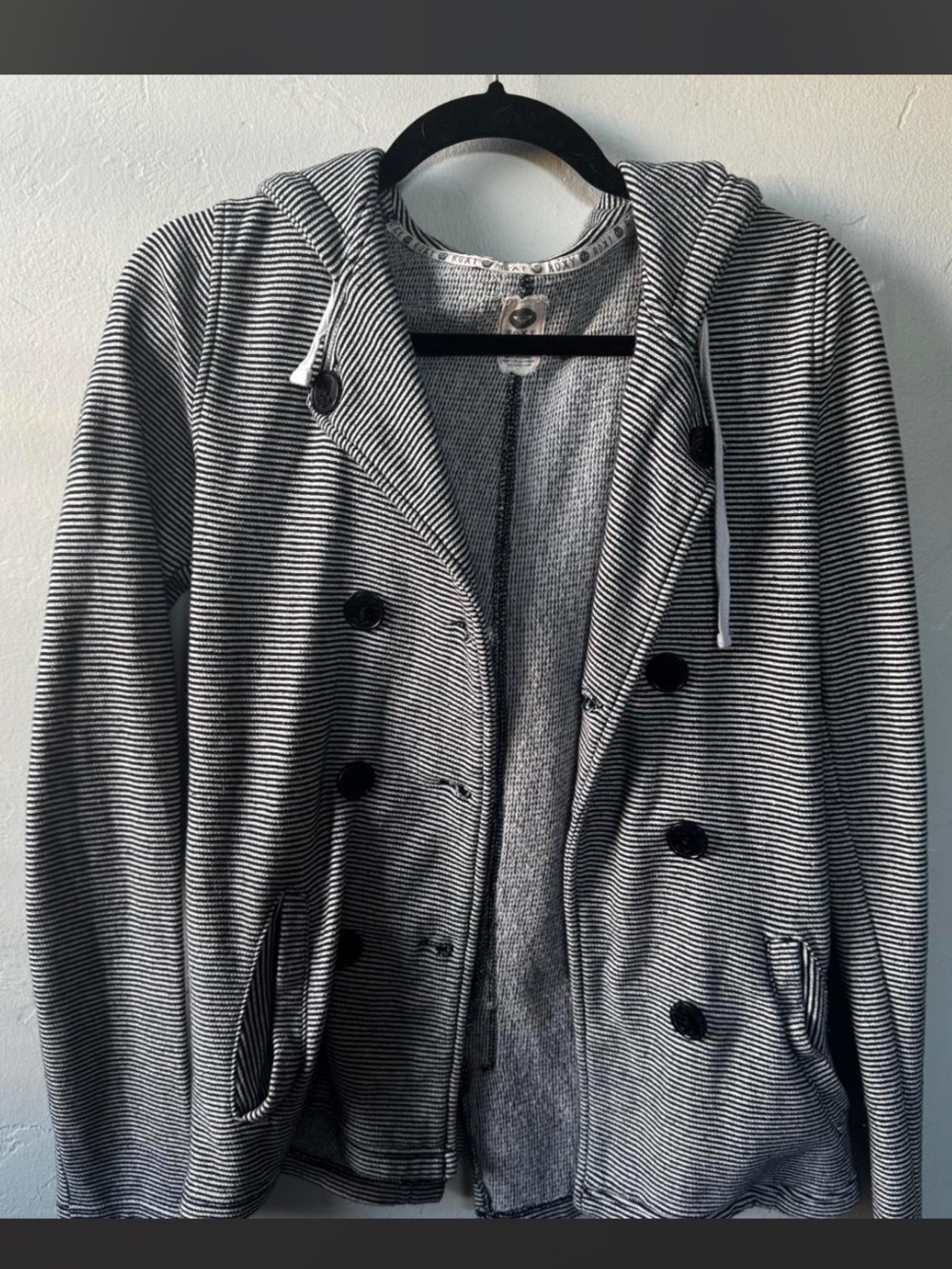 Roxy Black & White Striped Hooded Pea Coat